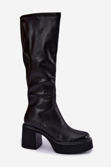 Bottes hautes pour femmes avec plateforme et talons en cuir synthétique noir Nesalie