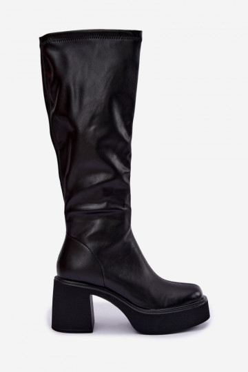 Bottes hautes pour femmes avec plateforme et talons en cuir synthétique noir Nesalie 2