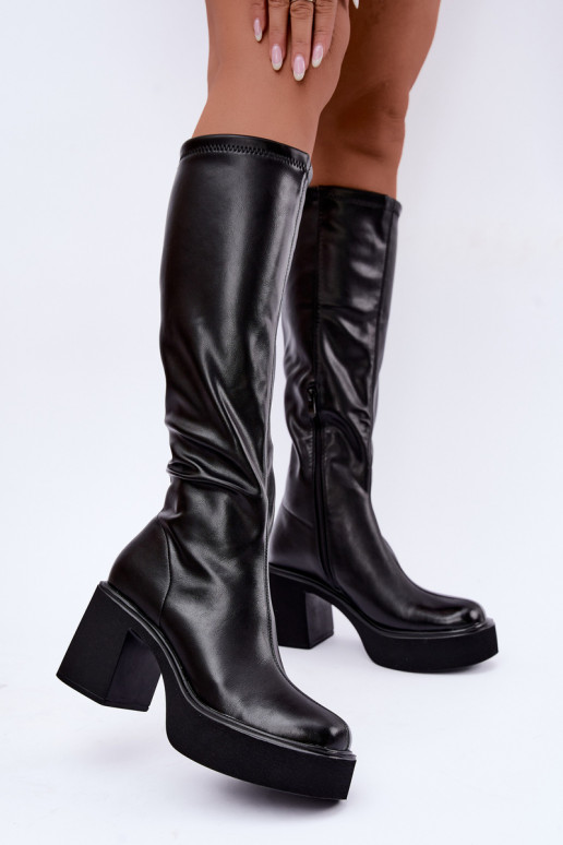 Dames kniehoge laarzen met platform en hakken van zwart faux leather Nesalie