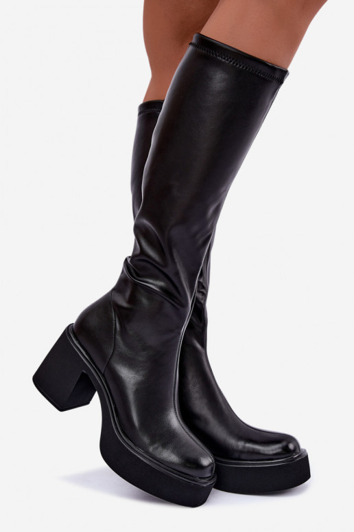 Dames kniehoge laarzen met platform en hakken van zwart faux leather Nesalie