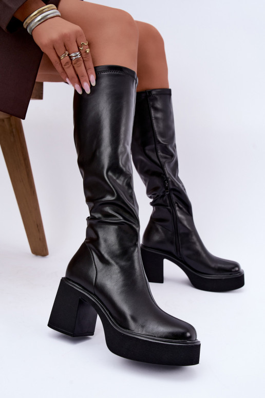 Bottes hautes pour femmes avec plateforme et talons en cuir synthétique noir Nesalie