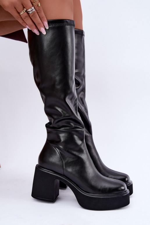Dames kniehoge laarzen met platform en hakken van zwart faux leather Nesalie