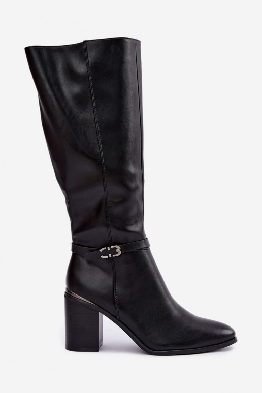 Damen gefütterte Stiefel bis zum Knie mit verzierten Absätzen in Schwarz Sergio Leone KZ-08