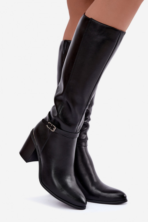 Damen gefütterte Stiefel bis zum Knie mit verzierten Absätzen in Schwarz Sergio Leone KZ-08