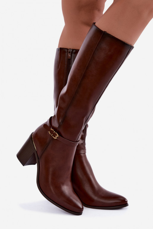 Damen gefütterte Stiefel bis zum Knie mit verzierten Absätzen in Braun Sergio Leone KZ-08