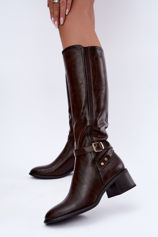 Dames kniehoge laarzen met gespen in chocolade kleur Sergio Leone KZ-07
