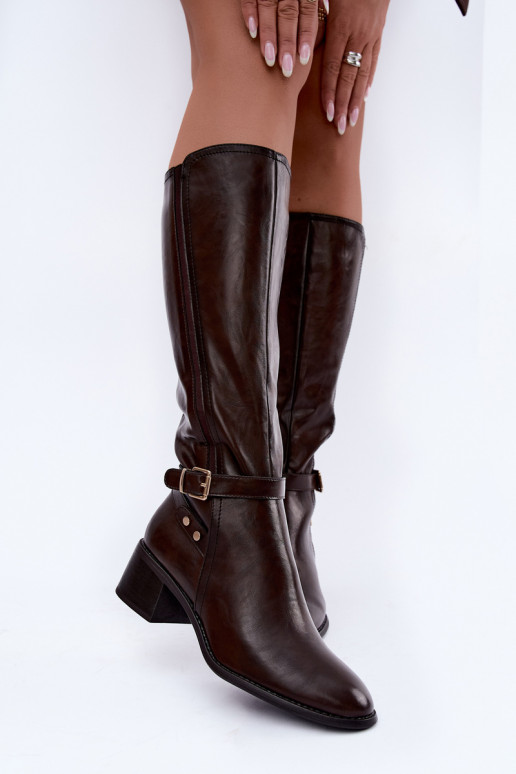 Dames kniehoge laarzen met gespen in chocolade kleur Sergio Leone KZ-07