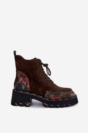 Braune gefütterte Velourslederstiefel mit Schnürung und Blumenmotiven Artiker 59C0250 2