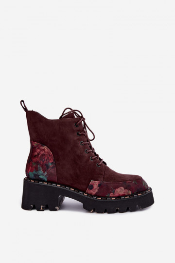 Bordeaux gefütterte Velourslederstiefel mit Schnürung und Blumenmotiven Artiker 59C0248 2