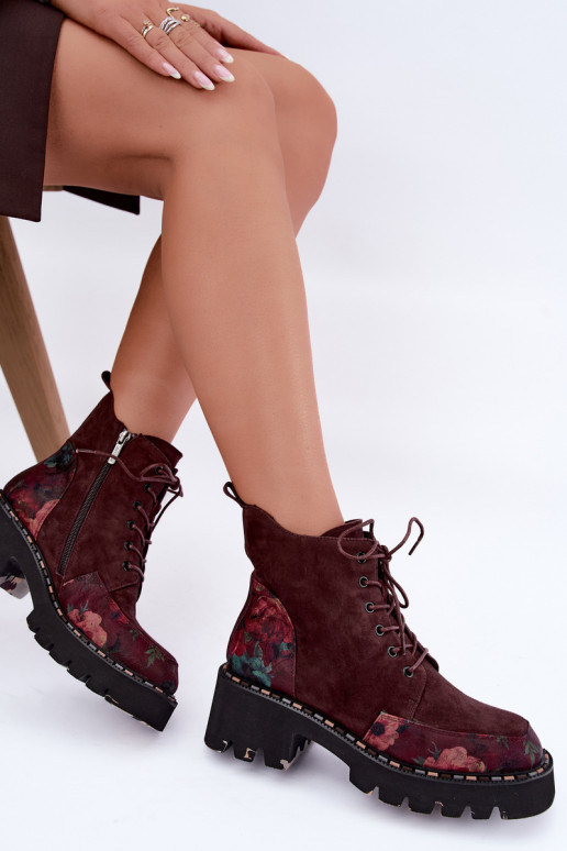 Bordeaux gefütterte Velourslederstiefel mit Schnürung und Blumenmotiven Artiker 59C0248