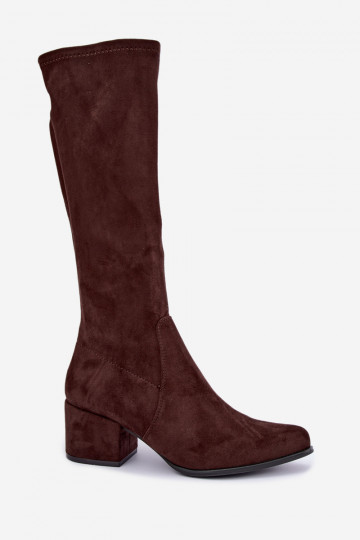 Dames kniehoge laarzen met lage hakken in chocolade faux suede Sergio Leone KZ212