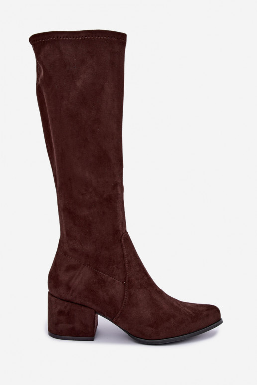 Dames kniehoge laarzen met lage hakken in chocolade faux suede Sergio Leone KZ212