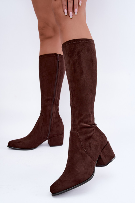 Bottes hautes pour femmes à petits talons en daim synthétique couleur chocolat Sergio Leone KZ212