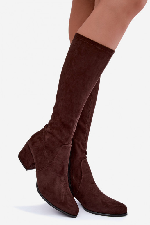 Dames kniehoge laarzen met lage hakken in chocolade faux suede Sergio Leone KZ212