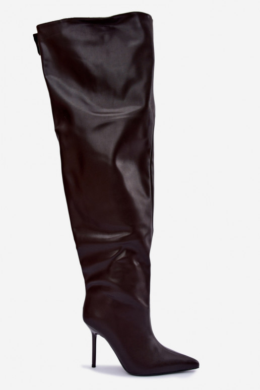 Damenstiefel bis zum Knie mit dünnen Absätzen über dem Knie in Schokoladenfarbe Aderelle