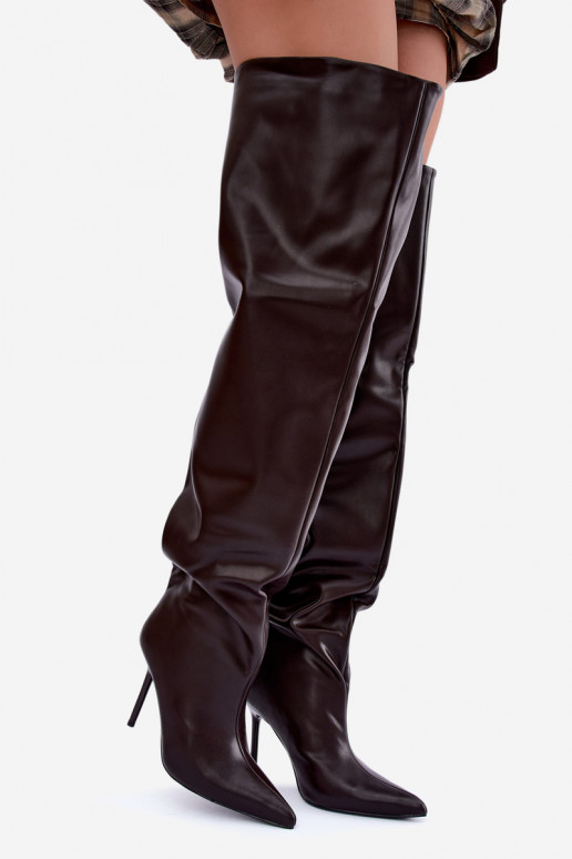 Damenstiefel bis zum Knie mit dünnen Absätzen über dem Knie in Schokoladenfarbe Aderelle