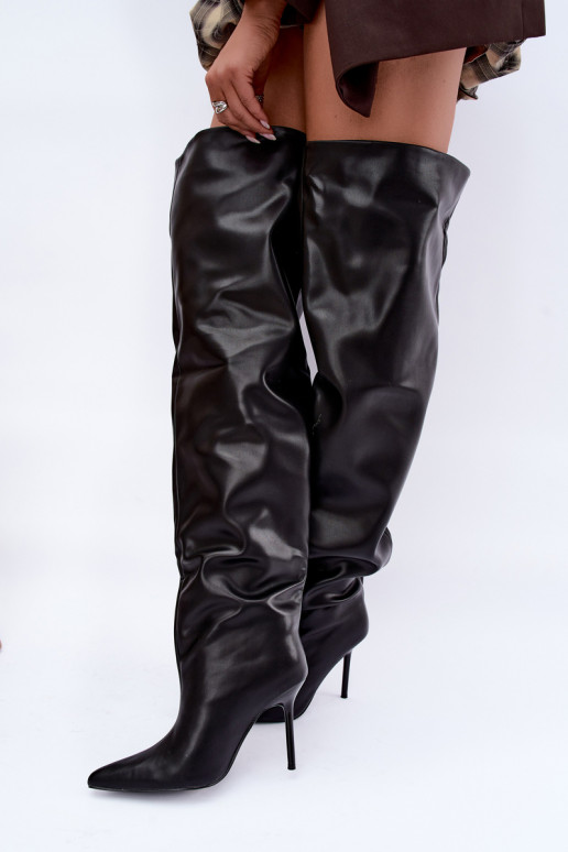 bottes hautes pour femmes avec talons fins au-dessus du genou en couleur noire Aderelle