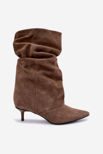 Schlüpfschuh-Stiefeletten mit Absatz aus Kunstveloursleder in Khaki-Farbe Cindrelle 2