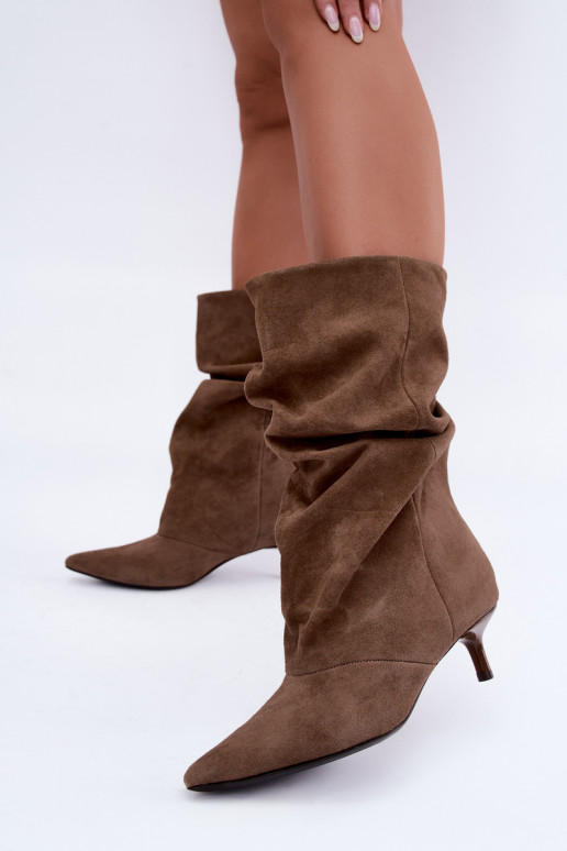 instapankleboots met hakken van faux suede in khaki kleur Cindrelle