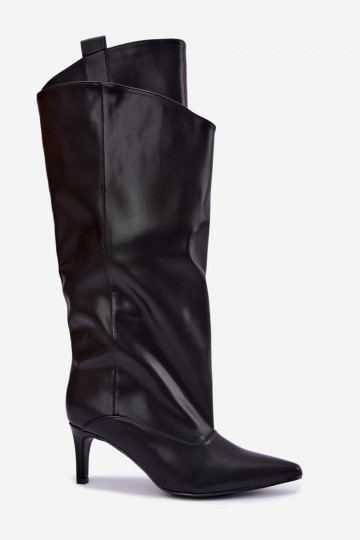 bottes montantes chaudes avec volants et talons fins en couleur noire Emerine