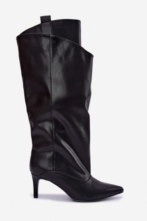 bottes montantes chaudes avec volants et talons fins en couleur noire Emerine