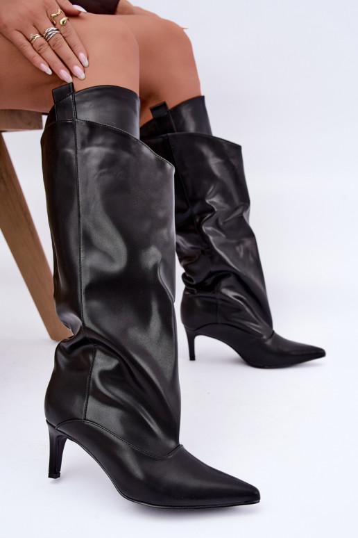 bottes montantes chaudes avec volants et talons fins en couleur noire Emerine