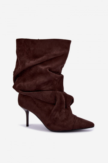 gekruiste warme instapankleboots met dunne hakken in chocolade kleur Greselle