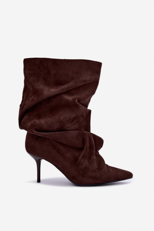 gekruiste warme instapankleboots met dunne hakken in chocolade kleur Greselle