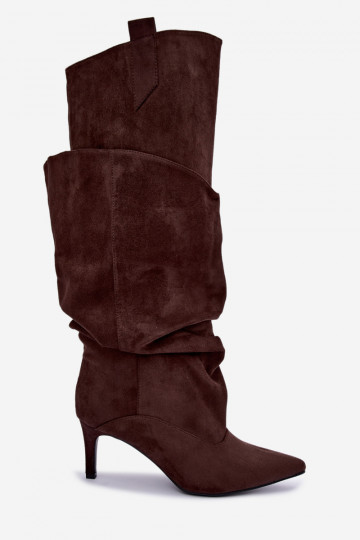 wärmende Stiefel bis zum Knie mit Rüschen und dünnen Absätzen in Schokoladenfarbe Emerine 2