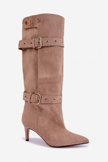 bottes hautes à enfiler avec talons fins, sangles et boucles en couleur sable Isabeau