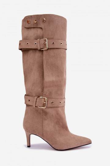 bottes hautes à enfiler avec talons fins, sangles et boucles en couleur sable Isabeau 2