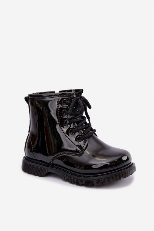 Gefütterte Kinder-Stiefeletten mit Lackeffekt, aus Kunstleder, mit Reißverschlüssen, schwarz Omua