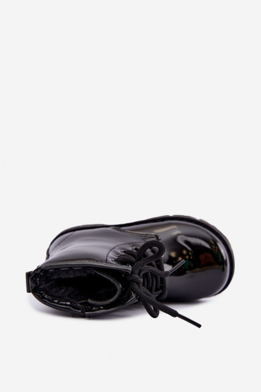 Gevoerde kinder enkellaarsjes met lak effect, faux leather, met ritsen, zwart Omua
