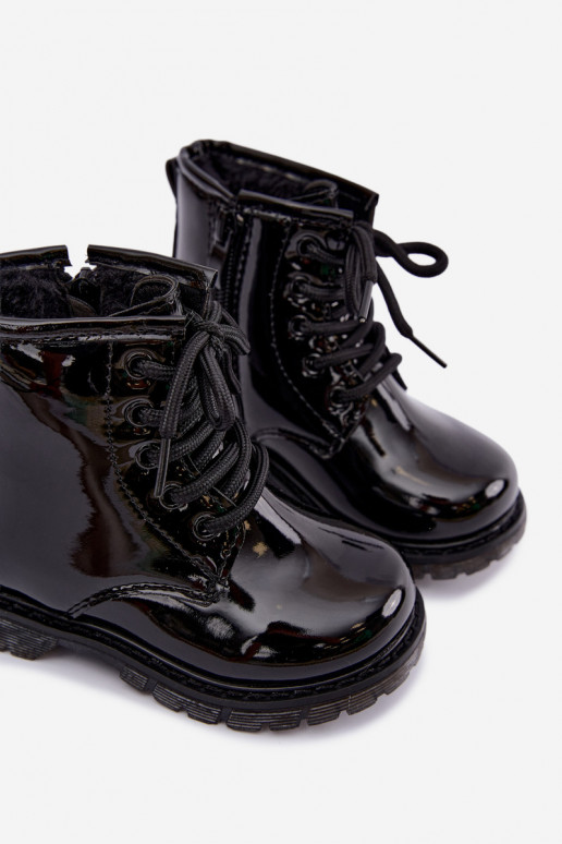 Gevoerde kinder enkellaarsjes met lak effect, faux leather, met ritsen, zwart Omua