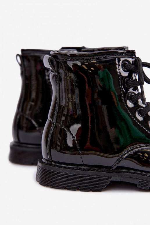 Gevoerde kinder enkellaarsjes met lak effect, faux leather, met ritsen, zwart Omua