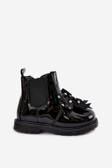 Bottines pour enfants doublées avec effet verni, avec des rubans, noires Keralyn 2