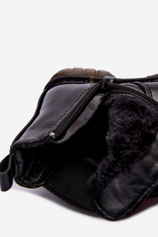 Bottines pour enfants doublées avec effet verni, avec des rubans, noires Keralyn