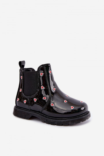Bottines pour enfants doublées avec effet verni, avec des cœurs, noires Keralyn