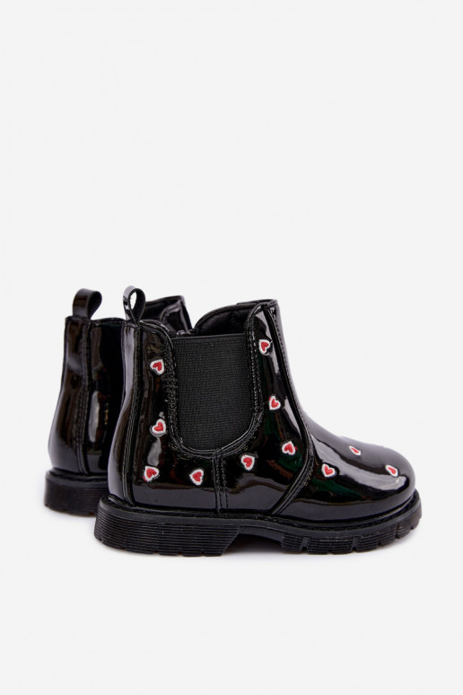 Bottines pour enfants doublées avec effet verni, avec des cœurs, noires Keralyn