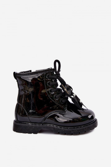 Bottines pour enfants doublées avec effet verni, avec des rubans, noires Corselle 2