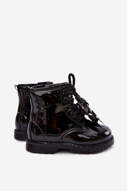 Bottines pour enfants doublées avec effet verni, avec des rubans, noires Corselle