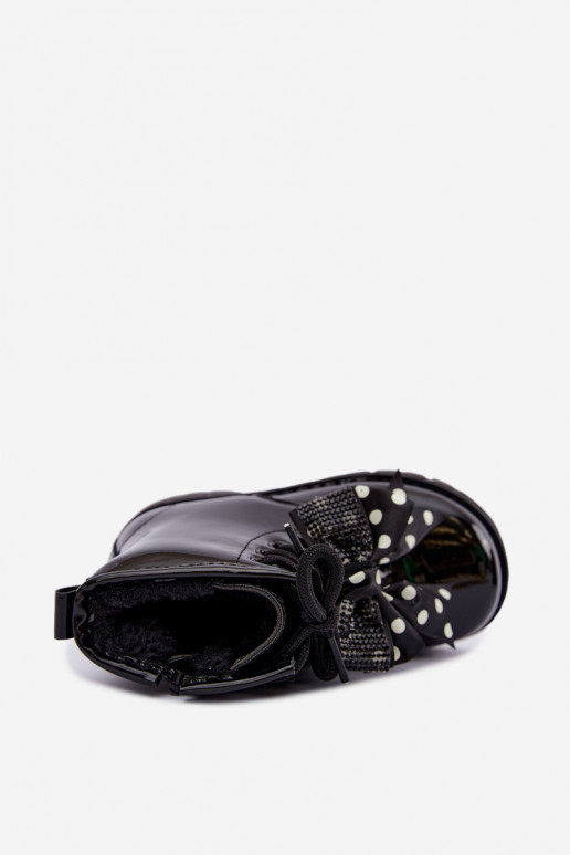 Bottines pour enfants doublées avec effet verni, avec des rubans, noires Corselle