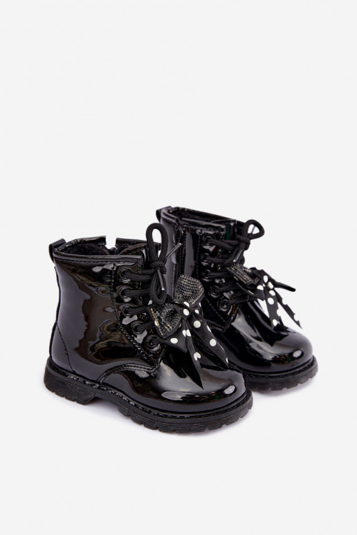 Bottines pour enfants doublées avec effet verni, avec des rubans, noires Corselle