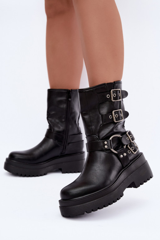 Bottines chaudes avec plateforme et boucles couleur noire Gilmora