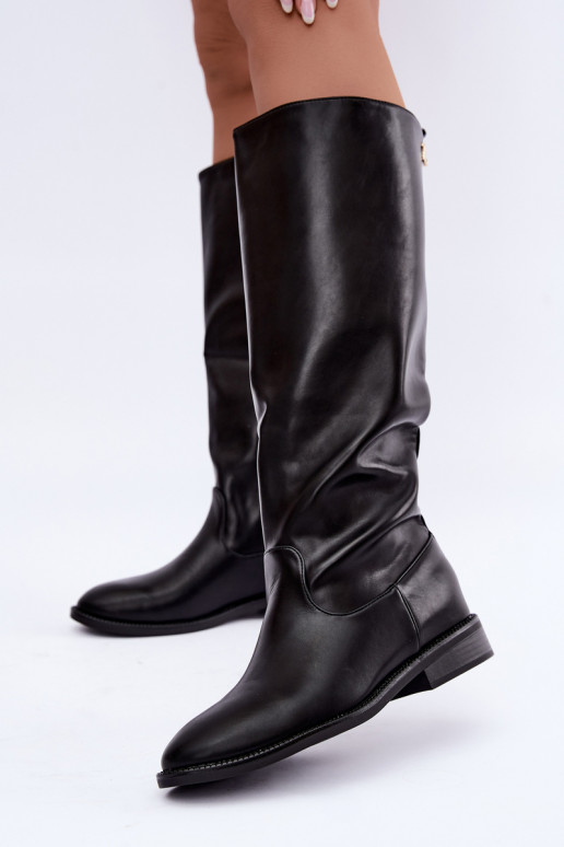 Bottes hautes chaudes avec talons larges et volants couleur noire Odelira