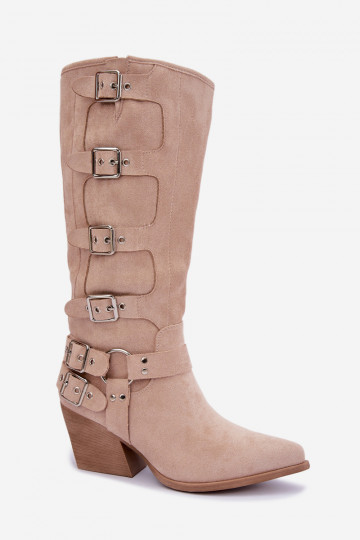 Bottes hautes style cowboy avec talons et boucles couleur ivoire Fivelle