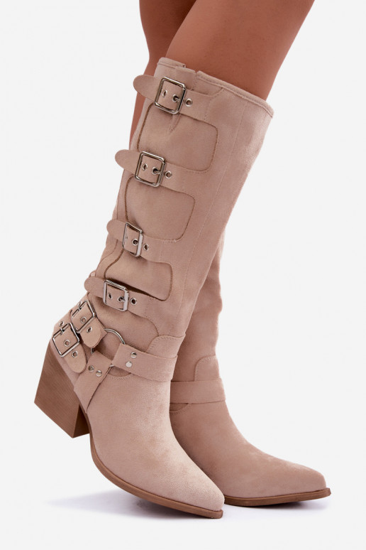 Bottes hautes style cowboy avec talons et boucles couleur ivoire Fivelle