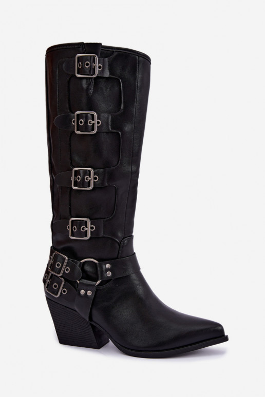 Bottes hautes style cowboy avec talons et boucles en simili cuir noir Fivelle