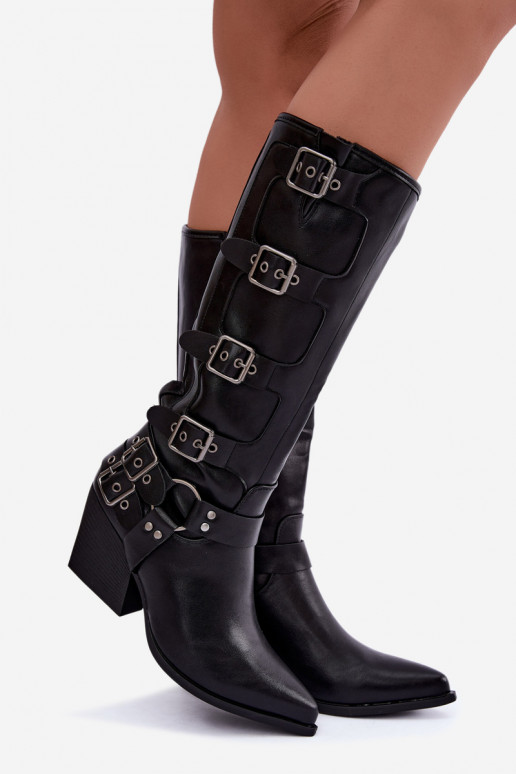 Knöchelhohe Cowboy-Stiefel mit Absatz und Schnallen aus schwarzem Kunstleder Fivelle