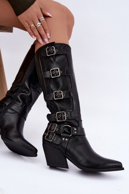 Kniehoge cowboylaarzen met hak en gespen in zwart faux leather Fivelle